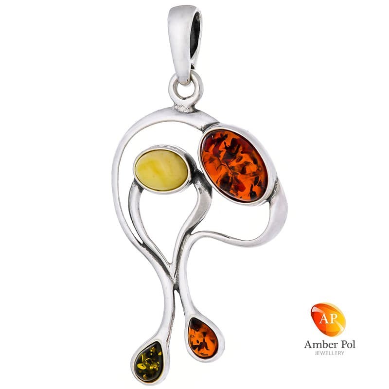 Wisiorek ze srebra 925 o nieregularnym wydłużonym kształcie ozdobiony czterema bursztynami w kolorze mix.