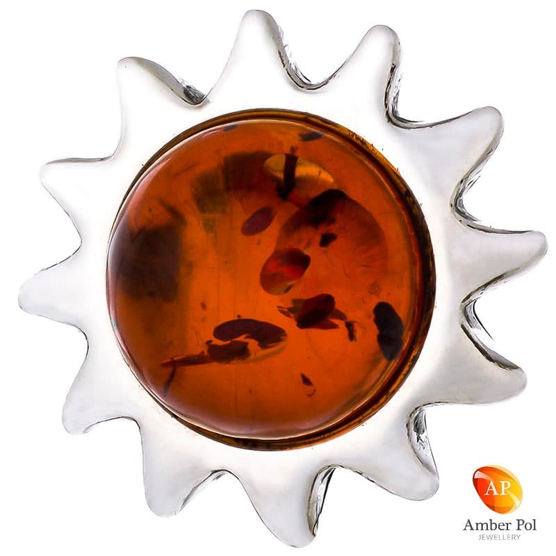 Piękny wisiorek słoneczko ze srebra 925 z bursztynem w koniakowym kolorze.