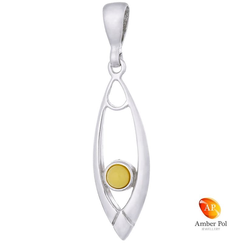 Piękny wisiorek ze srebra 925 o wydłużonym kształcie z białym bursztynem.