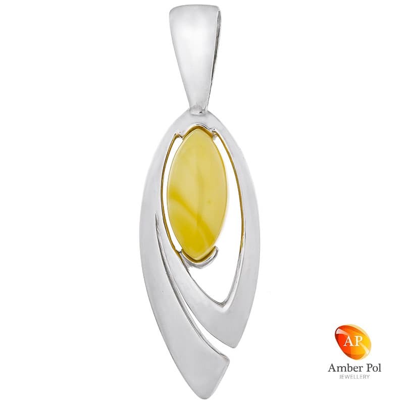 Piękny wisiorek ze srebra 925 o wydłużonym kształcie z bursztynem w białym kolorze.