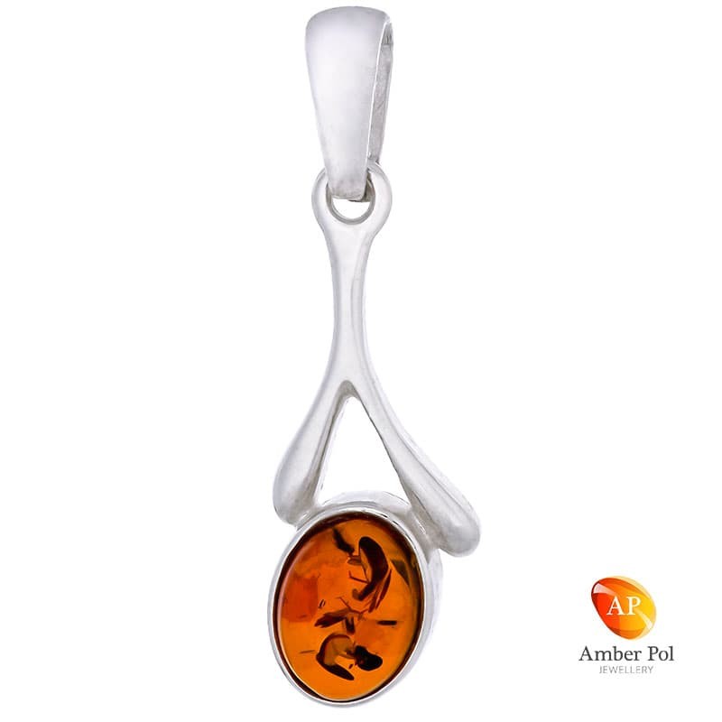 Piękny wisiorek ze srebra 925 o wydłużonym kształcie z bursztynem w kolorze koniaku.