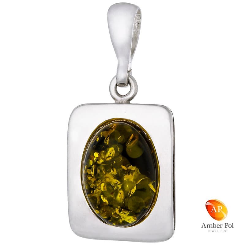 Piękny wisiorek ze srebra próby 925 w kształcie bardzo eleganckiej ramki z bursztynem w zielonym kolorze.