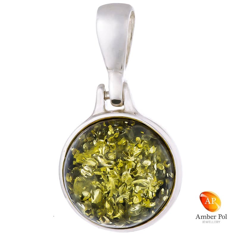 Piękny wisiorek ze srebra próby 925 z okrągłym bursztynem w zielonym kolorze.