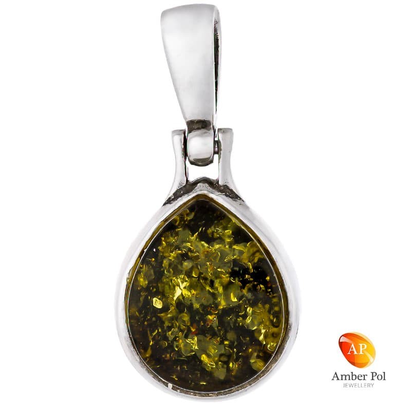Piękny wisiorek ze srebra próby 925 z bursztynem w zielonym kolorze o kształcie łezki,