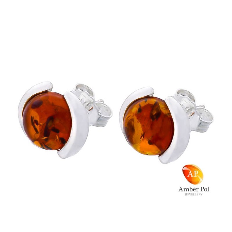 Piękne srebrne 925 okrągłe  kolczyki na sztyft z bursztynem w kolorze koniaku.