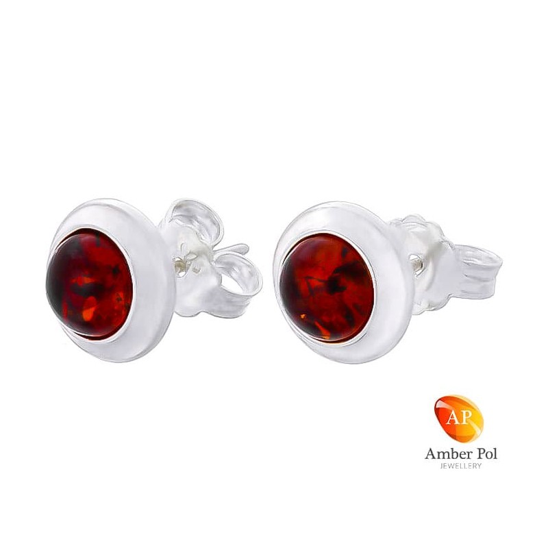 Piękne srebrne 925 okrągłe  kolczyki na sztyft z koniakowym bursztynowym oczkiem.