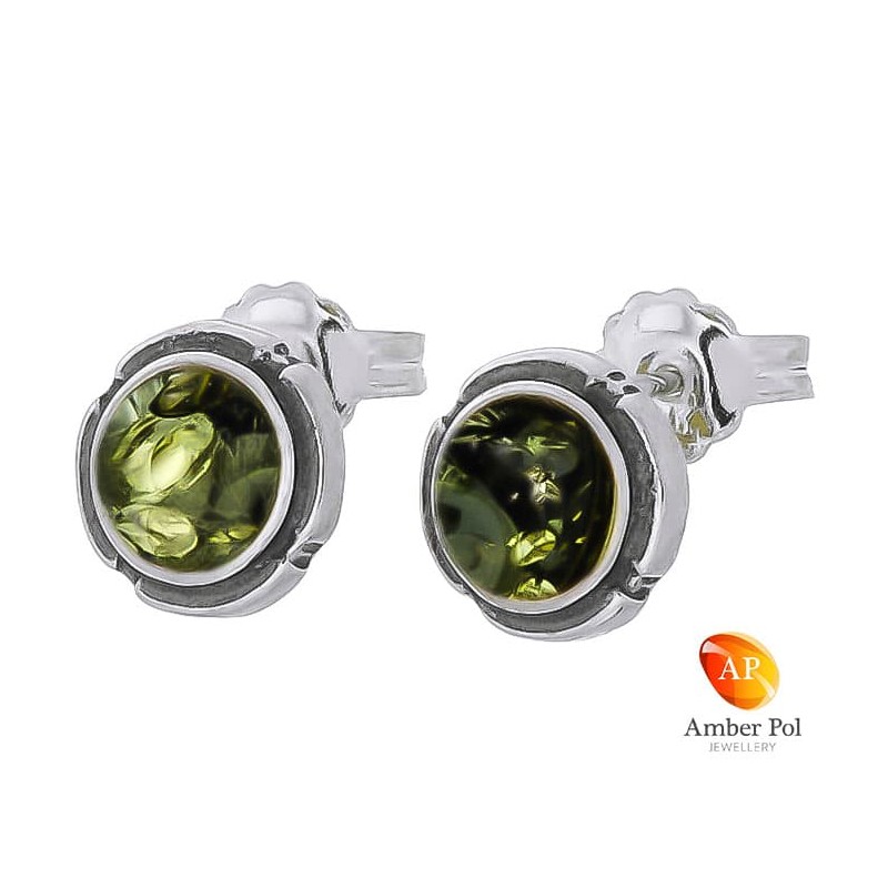 Piękne srebrne 925 okrągłe  kolczyki na sztyft z zielonym bursztynowym oczkiem.