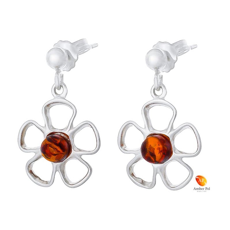 Kolczyki wiszące o kształcie kwiatka z płatkami ze srebra 925 z zawieszką na sztyft z kulką i bursztynem  w kolorze koniakowym.