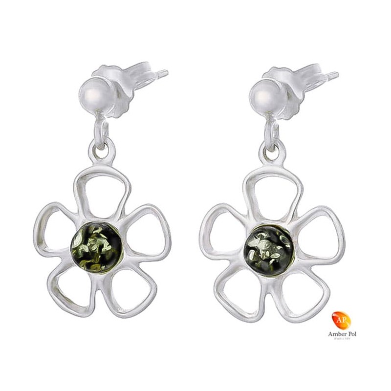 Kolczyki wiszące o kształcie kwiatka z płatkami ze srebra 925 z zawieszką na sztyft z kulką i bursztynem  w kolorze zielonym.