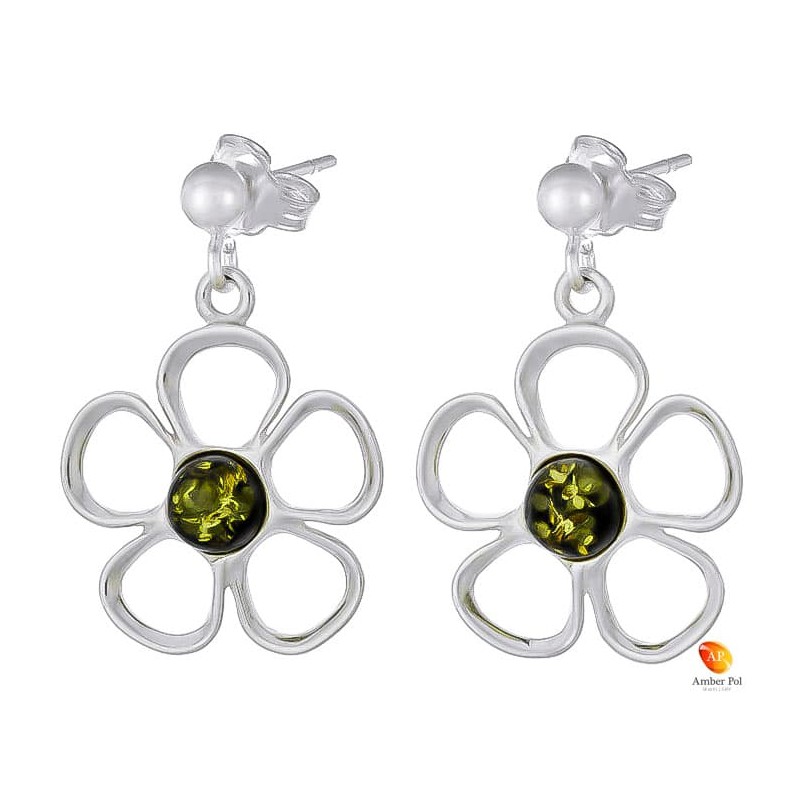Kolczyki wiszące o kształcie kwiatka z płatkami ze srebra 925 z zawieszką na sztyft z kulką i bursztynem  w kolorze zielonym.