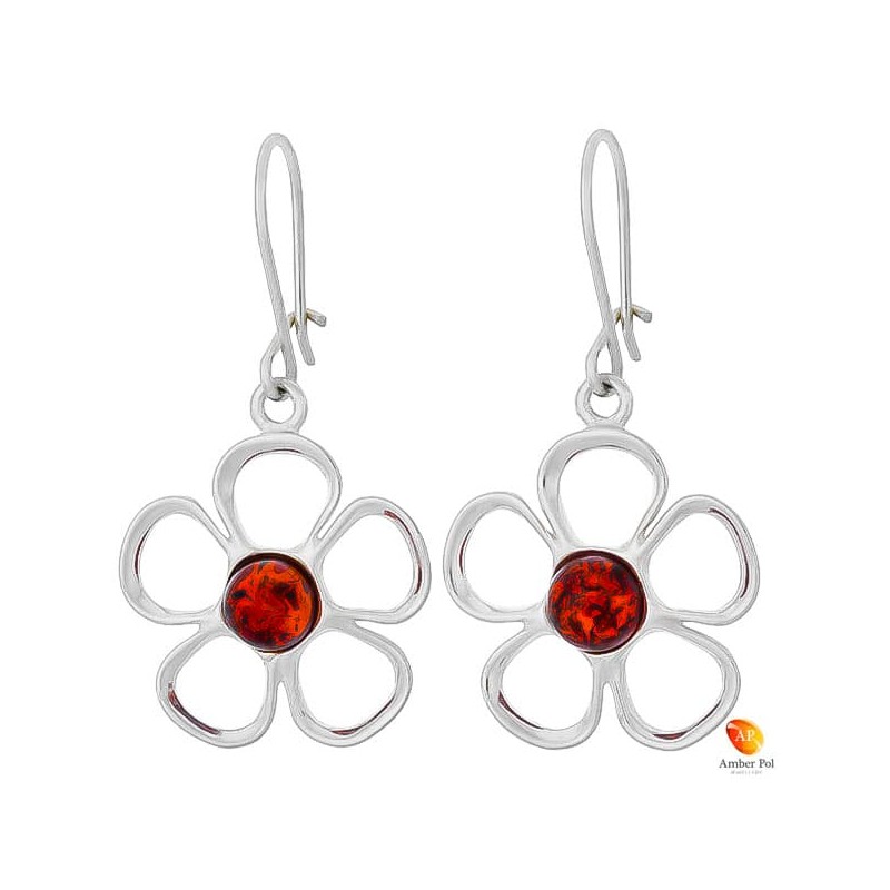 Kolczyki wiszące o kształcie kwiatka z płatkami ze srebra 925 z zawieszką typu bigl zapinany i bursztynem  w kolorze koniaku.