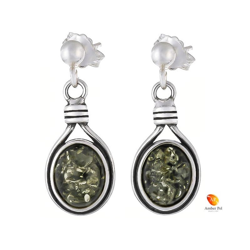 Kolczyki wiszące ze srebra 925 na zawieszce typu sztyft z kulka i owalnym  bursztynem w kolorze zielonym.