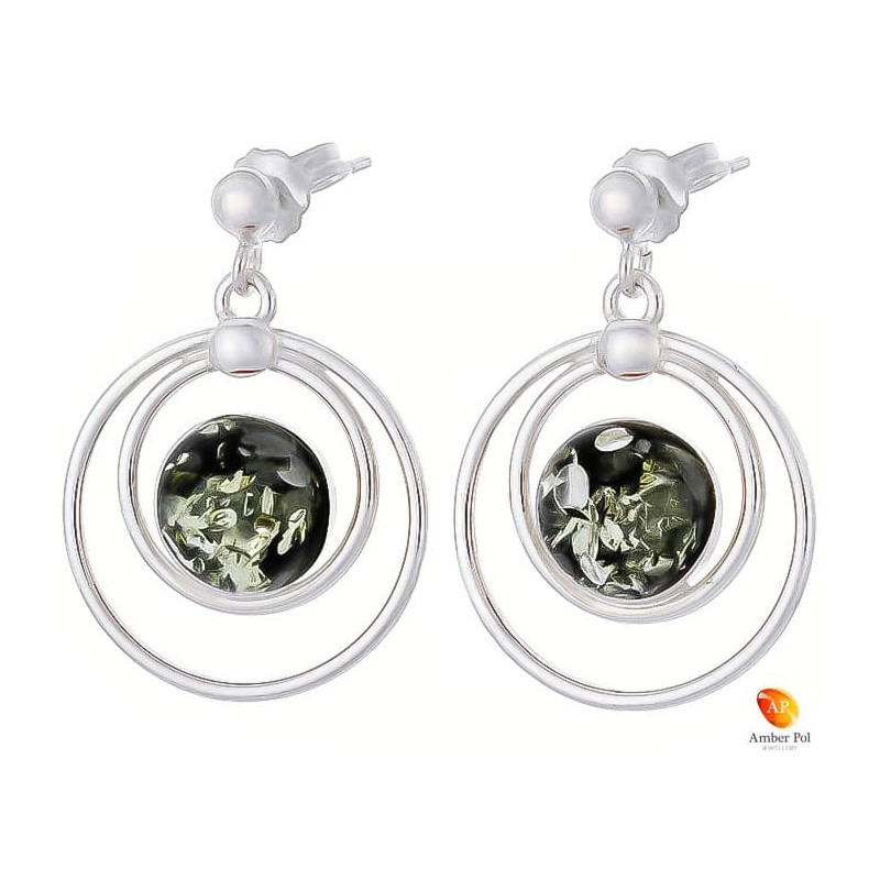 Piękne wiszące kolczyki ze srebra próby 925 na sztyft z kulką i okrągłym zielonym bursztynem.