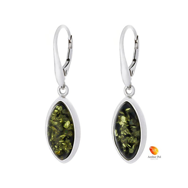 Piękne wiszące kolczyki ze srebra próby 925 na zawieszce angielskiej i podłużnym  zielonym bursztynem.