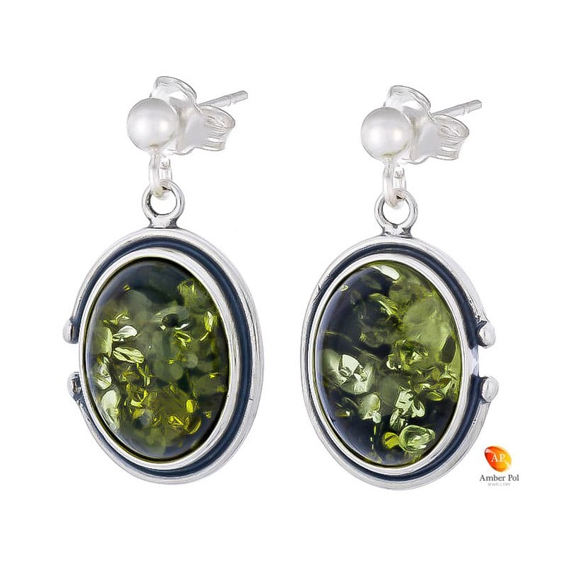 Piękne wiszące kolczyki ze srebra próby 925 na zawieszce na sztyft z kulka  i owalnym  zielonym bursztynem.