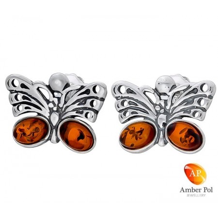 Piękne kolczyki motylki ze srebra 925  na sztyft i dwoma owalnymi  koniakowymi bursztynkami w skrzydełku.