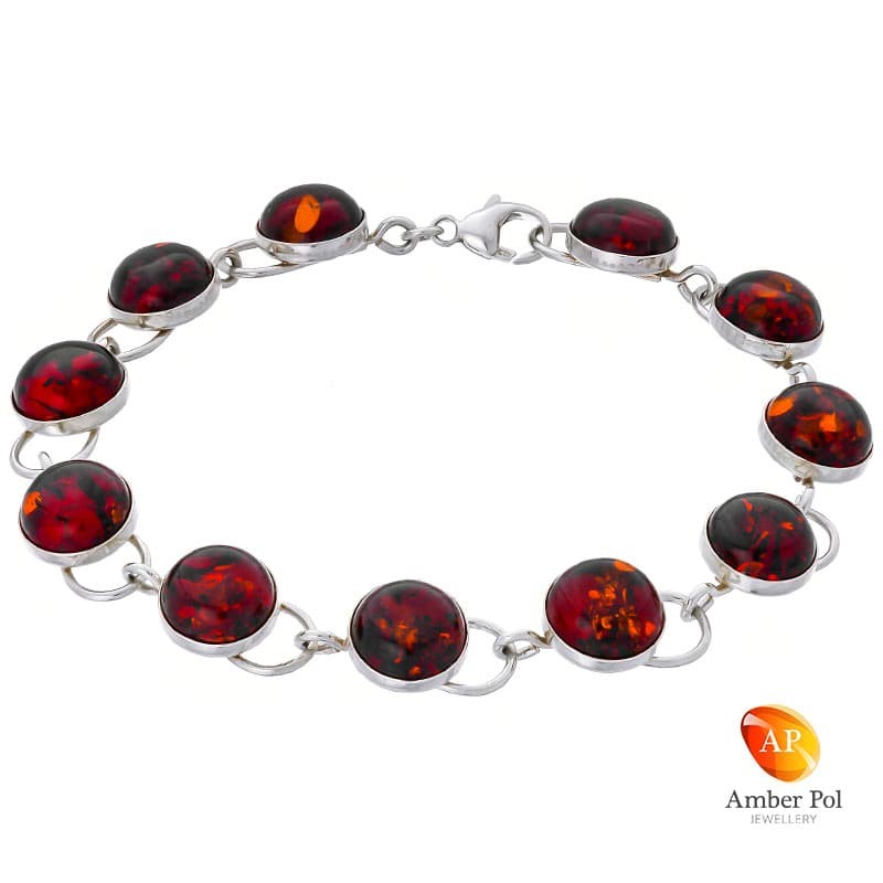 Piękna bransoletka srebrna 925 z 11 elementami i okrągłymi koniakowymi bursztynami ręcznie zakutymi.