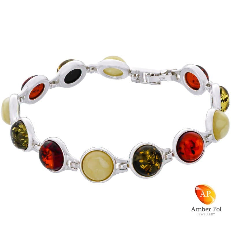 Piękna bransoletka ze srebra próby 925 składająca się z 12 elementów z okrągłymi bursztynami w kolorze mix.