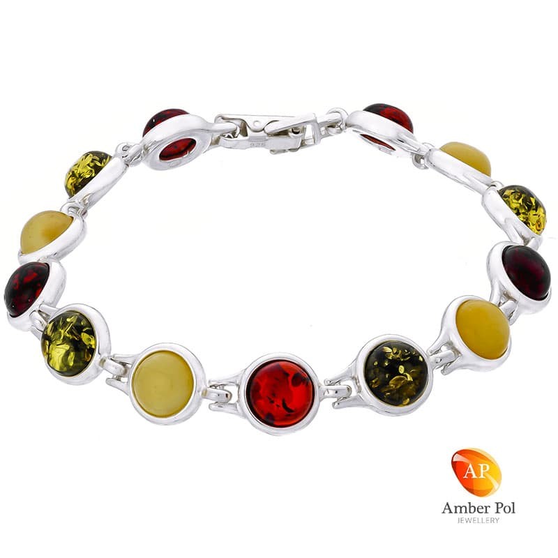 Piękna bransoletka ze srebra próby 925 składająca się z 13 elementów z okrągłymi bursztynami w kolorze mix.