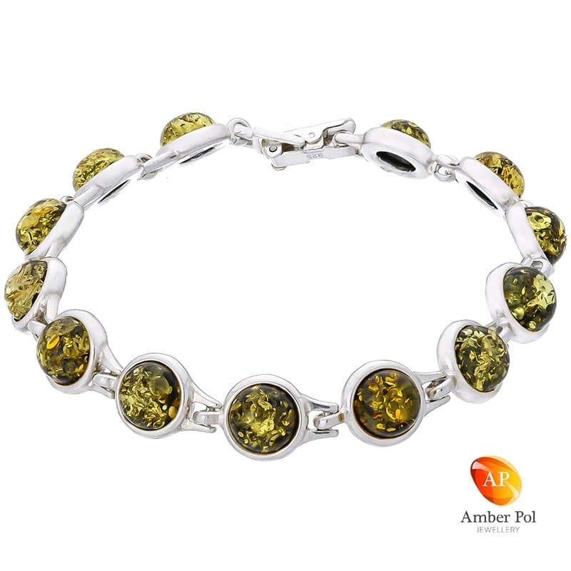 Piękna bransoletka ze srebra próby 925 składająca się z 13 elementów z okrągłymi bursztynami w kolorze zielonym.