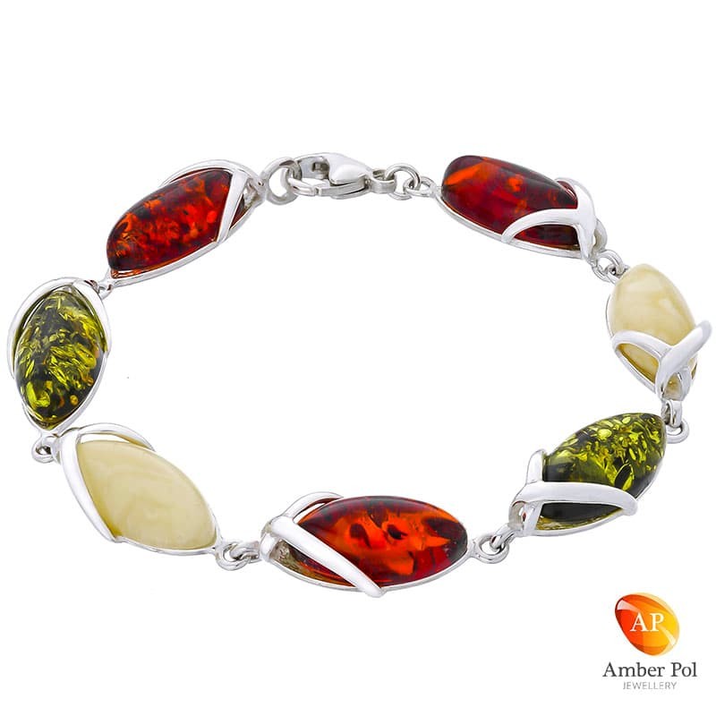 Bardzo ładna bransoletka srebrna 925 z dłuższymi bursztynami w kolorze mix tj. koniak zielony i biały.