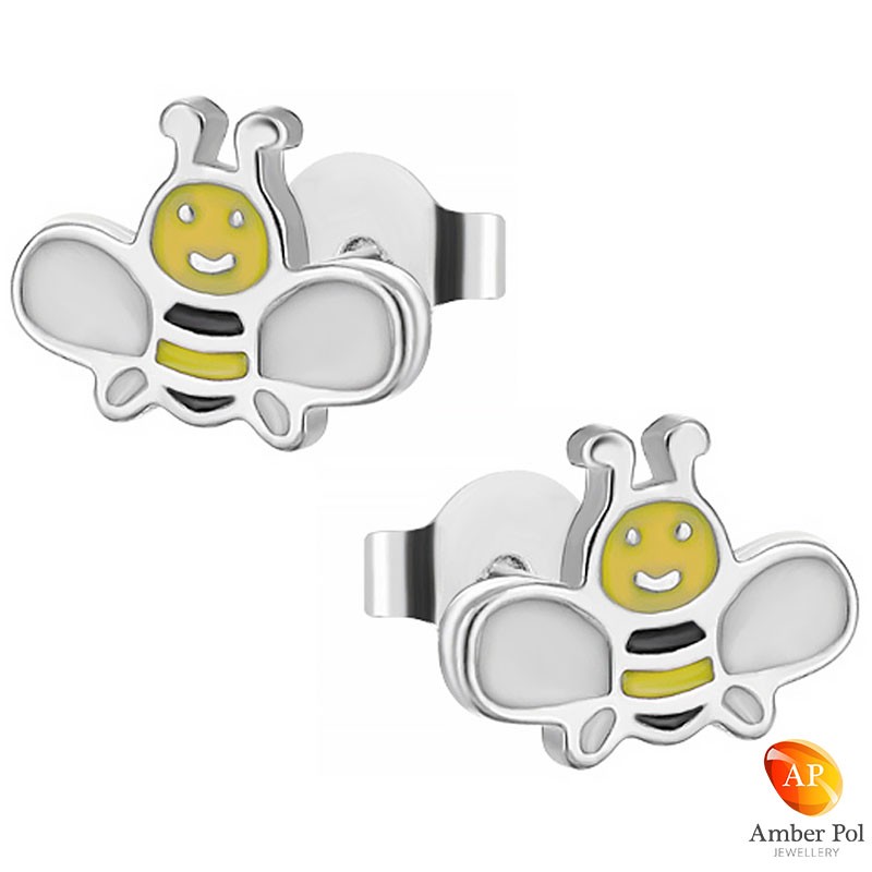 Kolczyki dziecięce żółto czarne pszczółki z białymi skrzydełkami wykonane ze srebra próby 925 i emalii