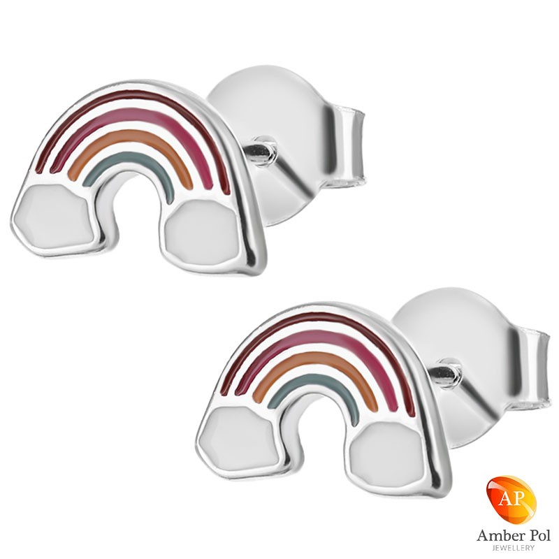 Kolczyki dziecięce kolorowa tęcza z białymi chmurkami wykonana ze srebra 925 oraz emalii