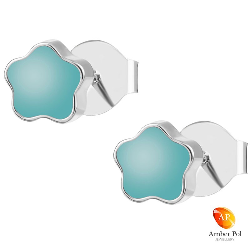 Kolczyki dziecięce turkusowe kwiatki z emalią wykonane ze srebra 925