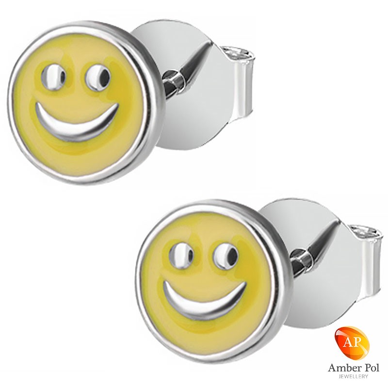 Kolczyki dziecięce sztyft uśmiechnięte buźki w kolorze żółtym wykonane z emalii oraz srebra 925