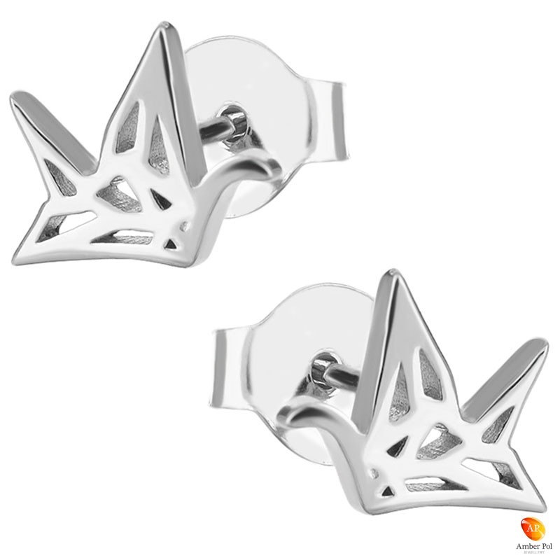 Kolczyki dziecięce żurawie origami wykonane ze srebra 925