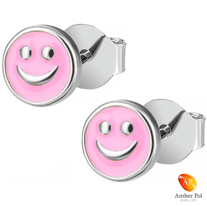 Kolczyki dziecięce sztyft uśmiechnięte buźki w kolorze różowym wykonane z emalii oraz srebra 925