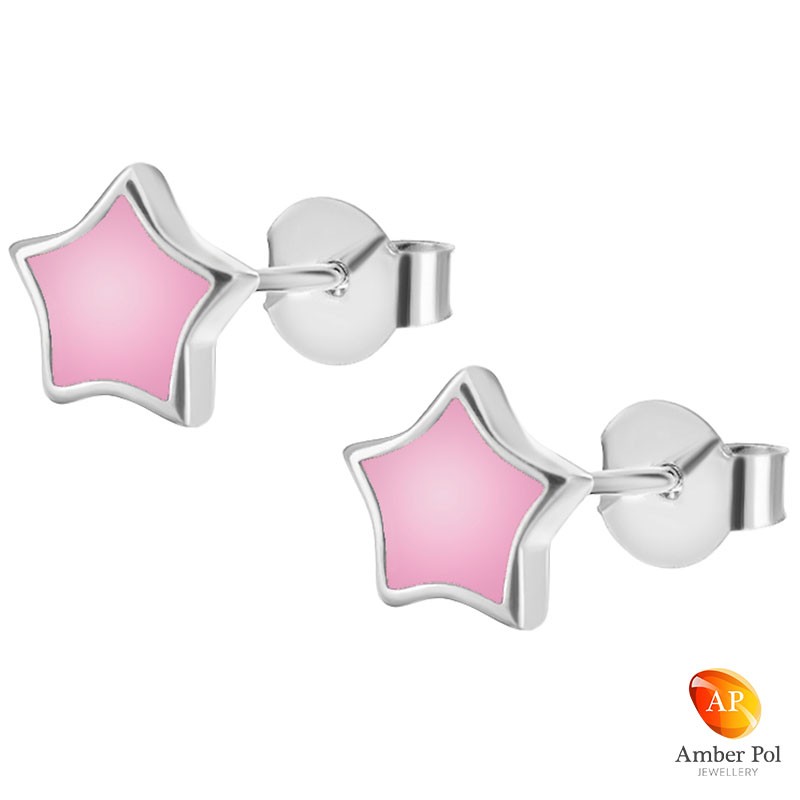 Kolczyki dziecięce sztyft gwiazdki w kolorze różowym wykonane ze srebra 925 oraz emalii