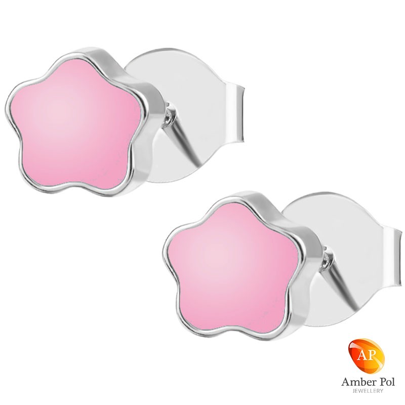Kolczyki dziecięce kwiatki różowe sztyft wykonane ze srebra 925 oraz emalii