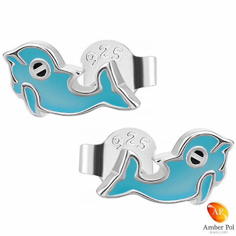 Kolczyki dziecięce delfinki niebieskie sztyft wykonane z emalii oraz srebra 925 Amber Pol