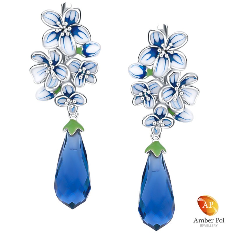 Kolczyki wiszące zapinane na sztyft zatrzaskowy wykonane ze srebra 925 oraz emalii w kolorze ciemnoniebieskim