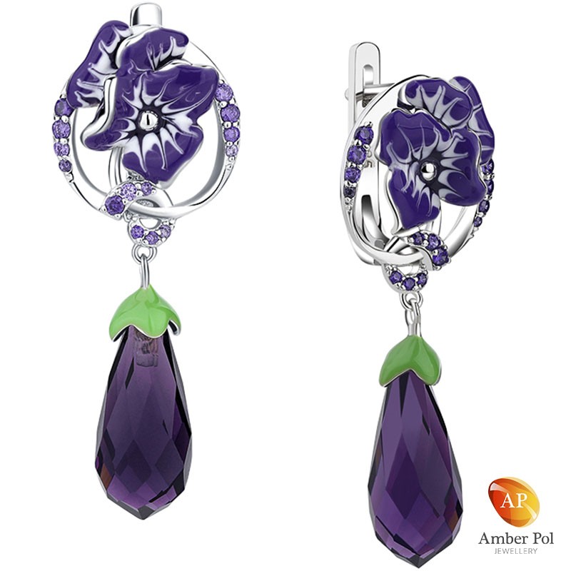 Kolczyki z dużą wiszącą cyrkonią w kolorze fioletowym z ręcznie malowanymi kwiatami z emalii i cyrkoniami wykonane ze srebra 925