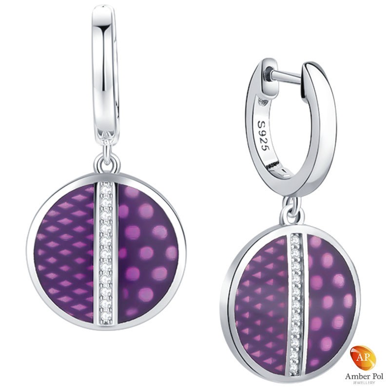 Kolczyki srebrne koła w kolorze fioletowym w różowe kropki wykonane z emalii i srebra 925 oraz cyrkonii