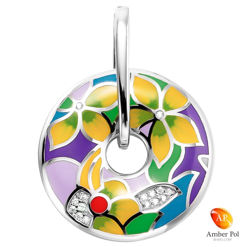 zawieszka srebrna z emalią i cyrkoniami wykonana ze srebra 925 malowana ręcznie w fantazyjne kolorowe kwiaty
