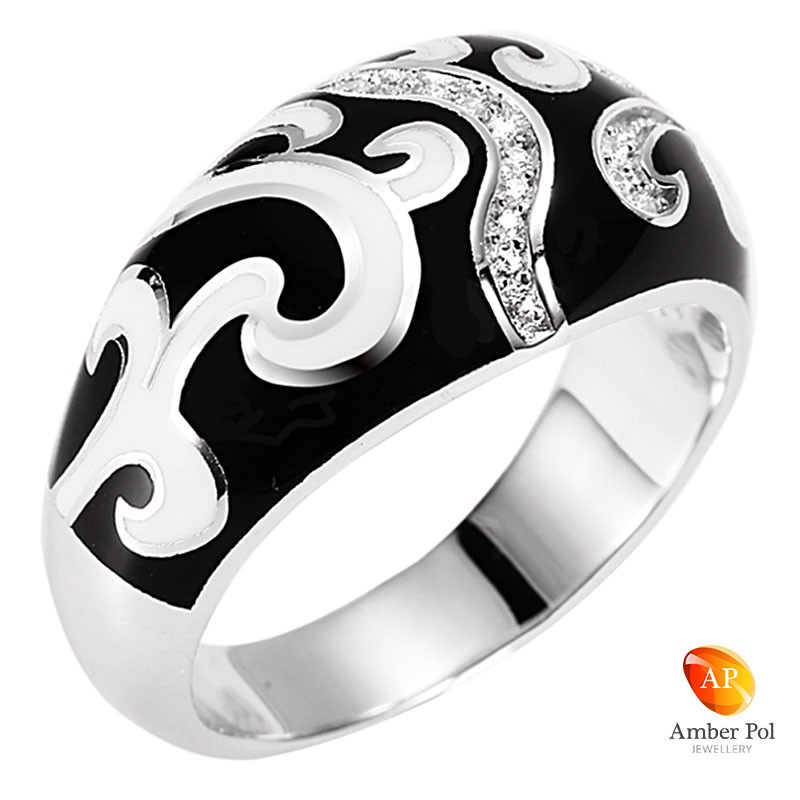 Pierścionek srebrny z emalią i cyrkoniami w kolorze czarnym i białym w fantazyjny wzór. Obrączka