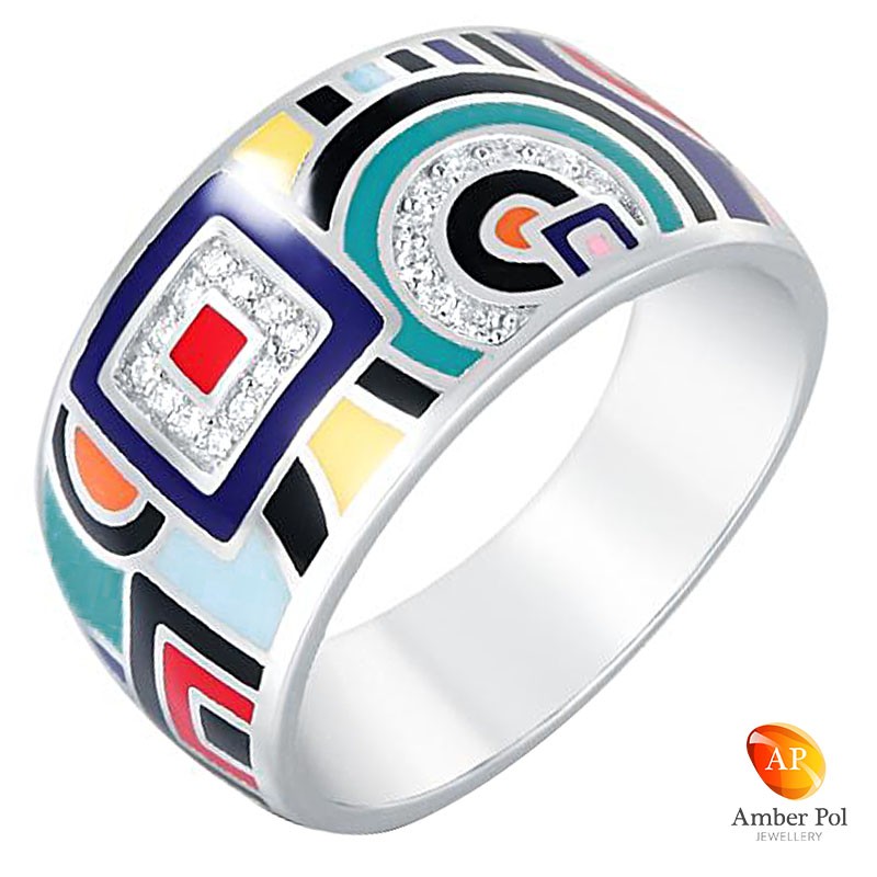 Pierścionek srebrny wykonany ze srebra 925 emalii oraz cyrkonii. Ręcznie malowana obrączka w kolorowe geometryczne wzory