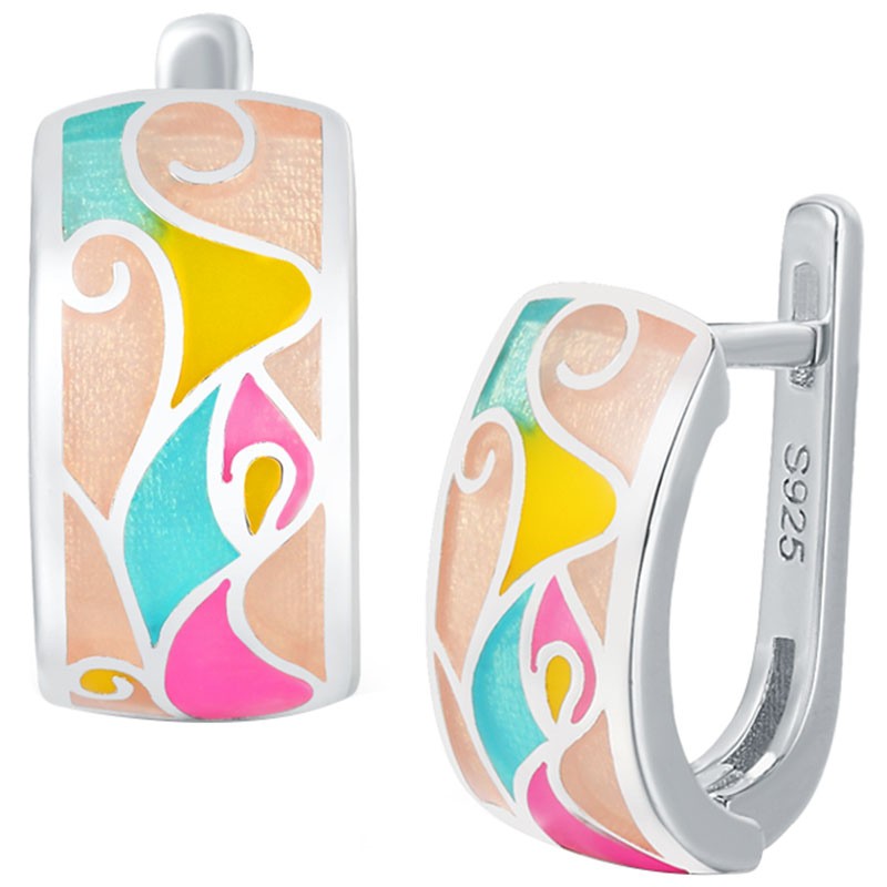 Kolczyki srebrne z emalią i cyrkoniami. Ręcznie malowane w fantazyjny różowo żółto turkusowy wzór