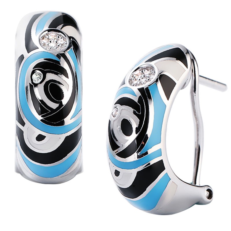 Kolczyki wykonane ze srebra 925 oraz emalii i cyrkonii. Ręcznie malowane w kolorze białym niebieskim i czarnym.