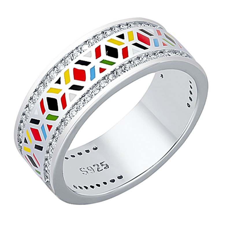 Pierścionek ręcznie malowany w geometryczne wzory wykonany ze srebra 925 emalii oraz cyrkonii