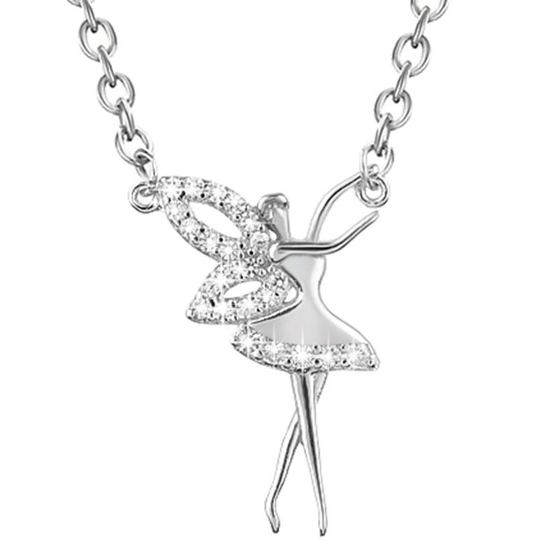 Naszyjnik srebrny wykonany ze srebra 925 oraz cyrkonii w kolorze białym w kształcie wróżki baletnicy ze skrzydełkami