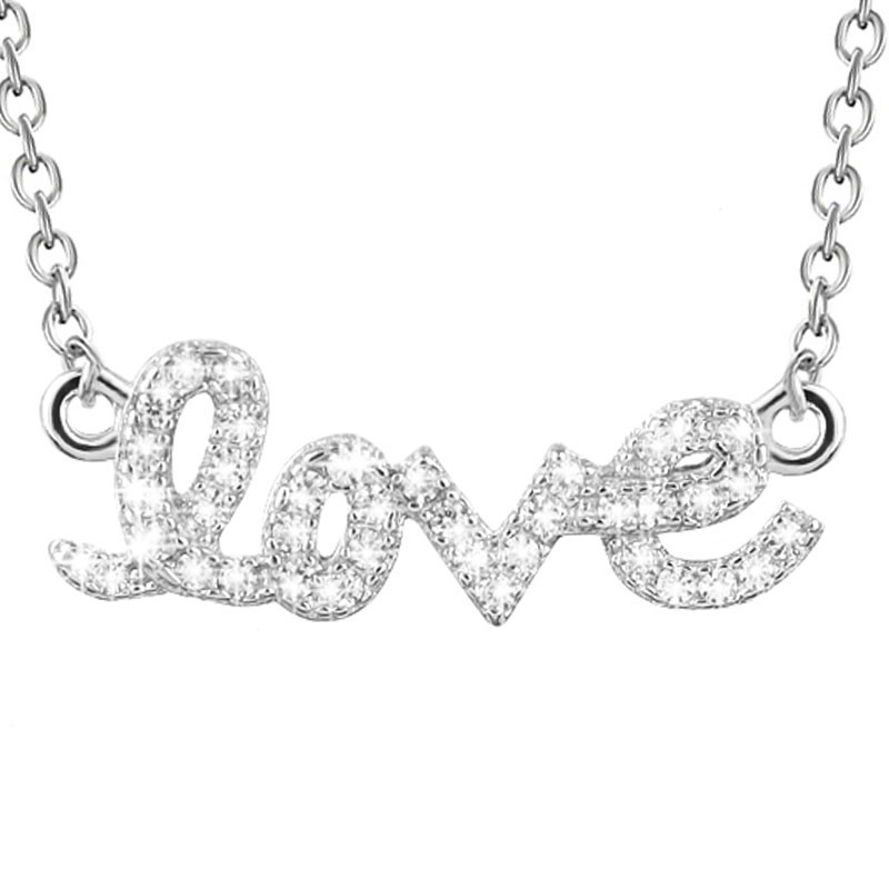 Naszyjnik srebrny z cyrkoniami napis love wykonany ze srebra 925