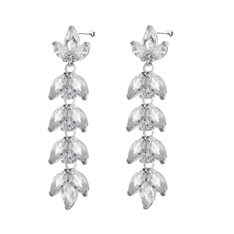 Długie wiszące kolczyki na sztyft w kształcie listków wykonane ze srebra 925 oraz białym cyrkonii