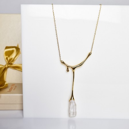 Naszyjnik srebrny pozłacany oryginalny kształt z perłą słodkowodną idealny na sylwestra, ślub.