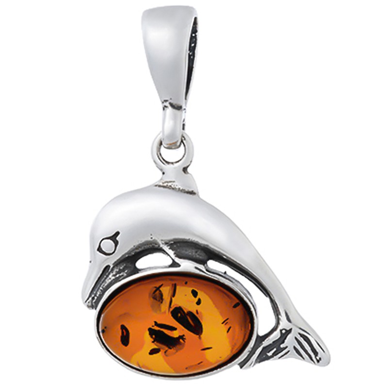Piękny wisiorek ze srebra próby 925 z bursztynem w kolorze koniaku owal na którym umiejscowiony jest delfinek.