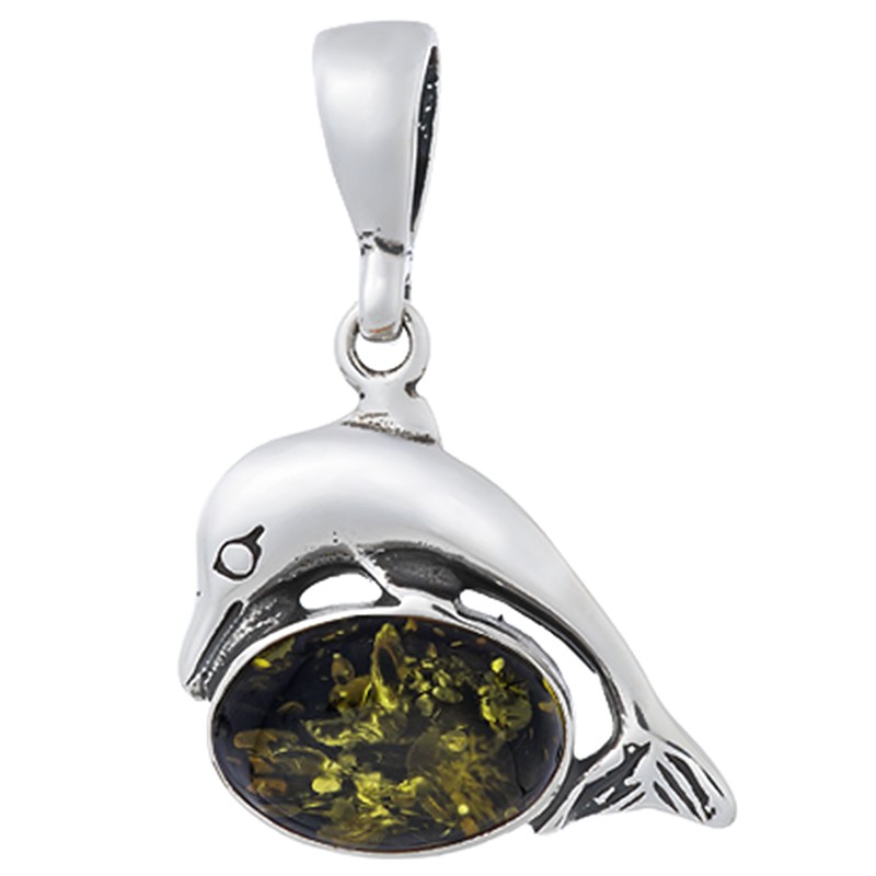 Piękny wisiorek ze srebra próby 925 z bursztynem w kolorze zielonym owal na którym umiejscowiony jest delfinek.