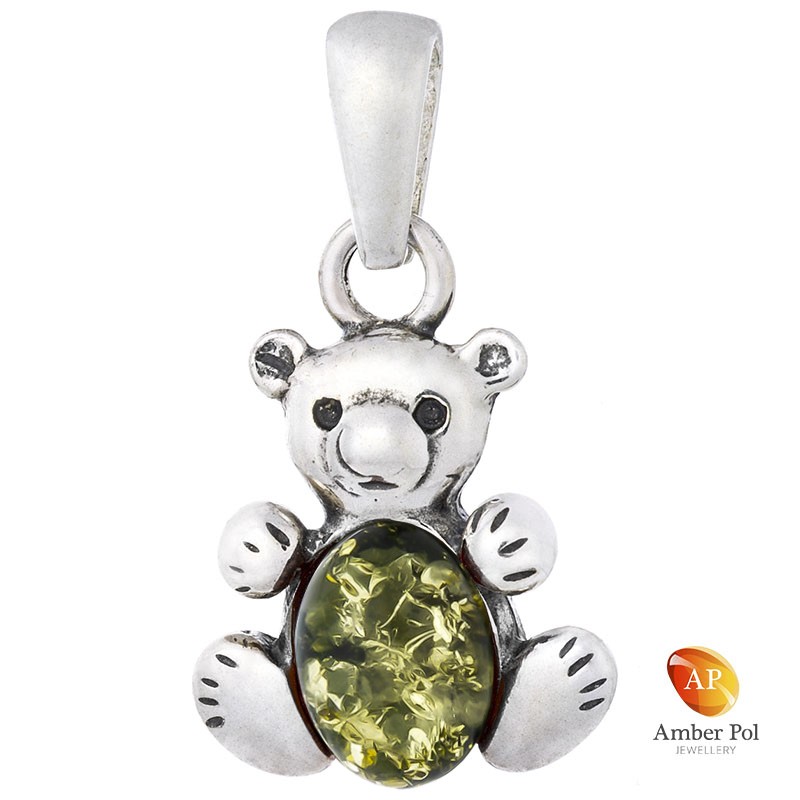 Piękny wisiorek  Miś ze srebra próby 925 z bursztynem w zielonym kolorze.